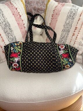 Vera Bradley Small Sunflower Quilted Black Floral-Trim Tote Bag